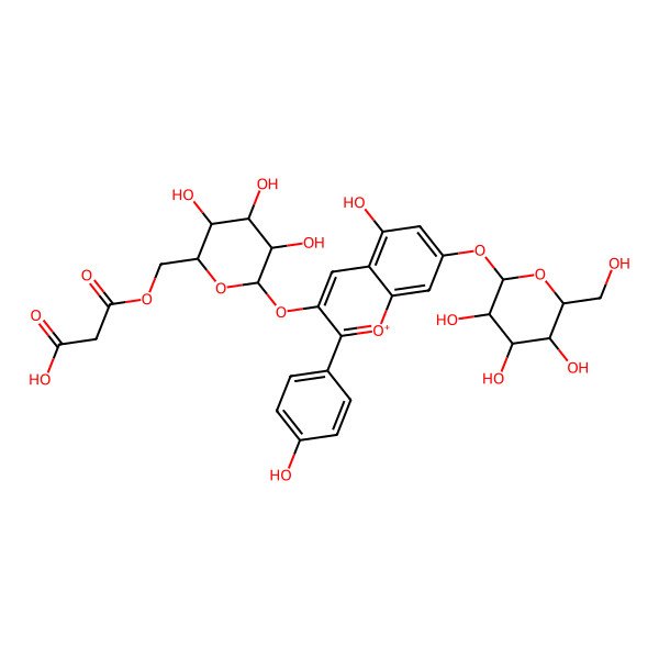 2D Structure of 3-oxo-3-[[(2R,3S,4S,5R,6S)-3,4,5-trihydroxy-6-[5-hydroxy-2-(4-hydroxyphenyl)-7-[(2S,3R,4S,5S,6S)-3,4,5-trihydroxy-6-(hydroxymethyl)oxan-2-yl]oxychromenylium-3-yl]oxyoxan-2-yl]methoxy]propanoic acid