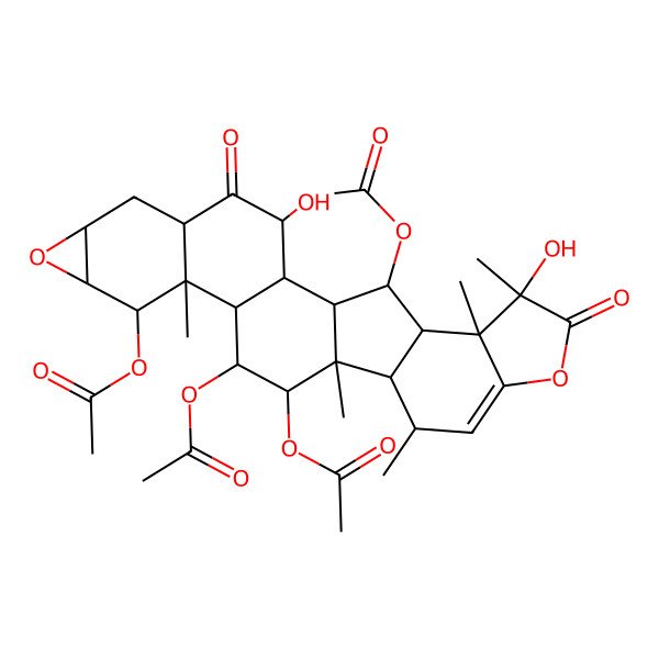 2D Structure of [(2S,3R,7S,9S,11R,15R,22S,23S,24R)-10,14,25-triacetyloxy-3,22-dihydroxy-11,15,17,22,23-pentamethyl-4,21-dioxo-8,20-dioxaheptacyclo[13.10.0.02,12.05,11.07,9.016,24.019,23]pentacos-18-en-13-yl] acetate
