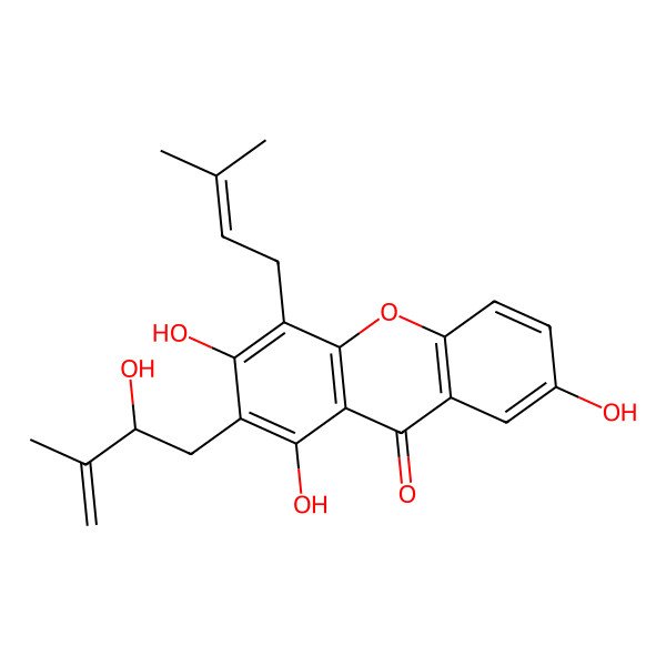 2D Structure of 1,3,7-trihydroxy-2-[(2R)-2-hydroxy-3-methylbut-3-enyl]-4-(3-methylbut-2-enyl)xanthen-9-one
