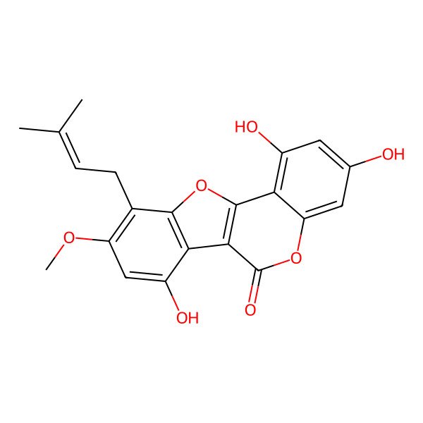 2D Structure of 1,3,7-Trihydroxy-9-methoxy-10-(3-methylbut-2-enyl)-[1]benzofuro[3,2-c]chromen-6-one