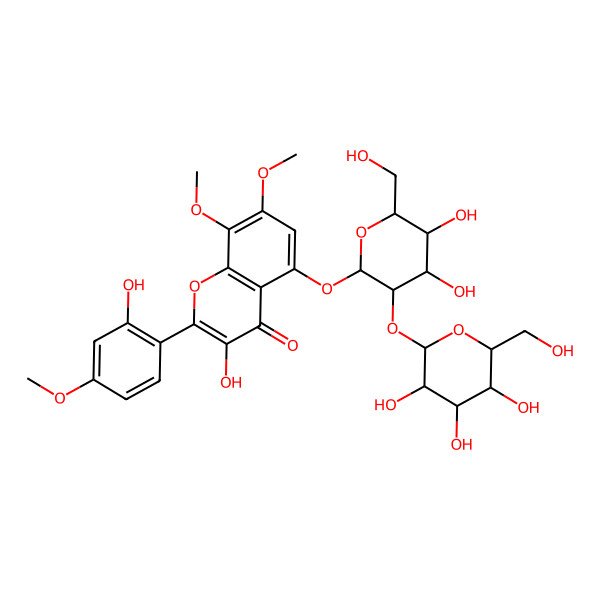 2D Structure of 5-[4,5-Dihydroxy-6-(hydroxymethyl)-3-[3,4,5-trihydroxy-6-(hydroxymethyl)oxan-2-yl]oxyoxan-2-yl]oxy-3-hydroxy-2-(2-hydroxy-4-methoxyphenyl)-7,8-dimethoxychromen-4-one