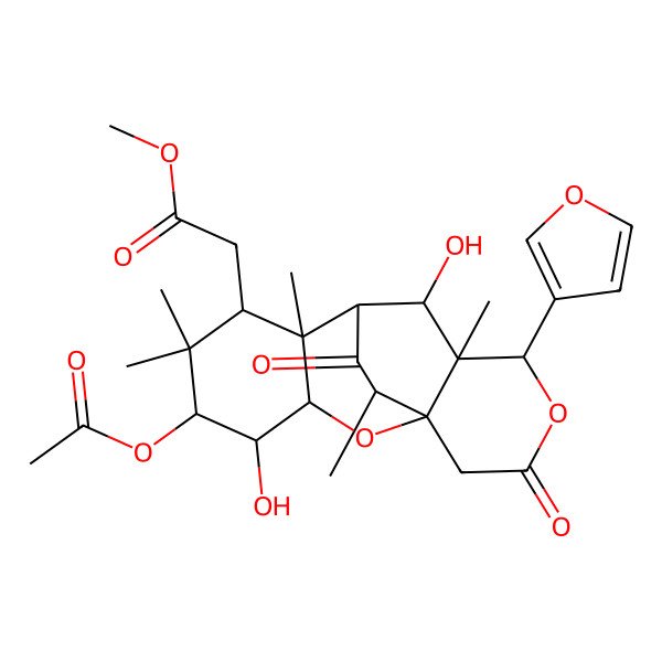 2D Structure of methyl 2-[(1S,3R,4R,5S,7S,8S,9S,10S,11S,12S,16R)-5-acetyloxy-12-(furan-3-yl)-4,10-dihydroxy-6,6,8,11,16-pentamethyl-14,17-dioxo-2,13-dioxatetracyclo[7.6.2.01,11.03,8]heptadecan-7-yl]acetate