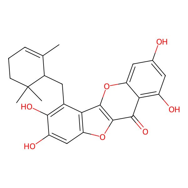 2D Structure of 1,3,7,8-tetrahydroxy-6-[(2,6,6-trimethylcyclohex-2-en-1-yl)methyl]-[1]benzofuro[3,2-b]chromen-11-one