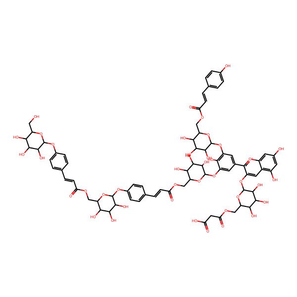 2D Structure of 3-[[(2R,3S,4S,5R,6S)-6-[5,7-dihydroxy-2-[4-hydroxy-3-[(2S,3R,4S,5S,6R)-3,4,5-trihydroxy-6-[3-(4-hydroxyphenyl)prop-2-enoyloxymethyl]oxan-2-yl]oxy-5-[(2S,3R,4S,5S,6R)-3,4,5-trihydroxy-6-[[(E)-3-[4-[(2S,3R,4S,5S,6R)-3,4,5-trihydroxy-6-[[(E)-3-[4-[(2S,3R,4S,5S,6R)-3,4,5-trihydroxy-6-(hydroxymethyl)oxan-2-yl]oxyphenyl]prop-2-enoyl]oxymethyl]oxan-2-yl]oxyphenyl]prop-2-enoyl]oxymethyl]oxan-2-yl]oxyphenyl]chromenylium-3-yl]oxy-3,4,5-trihydroxyoxan-2-yl]methoxy]-3-oxopropanoic acid