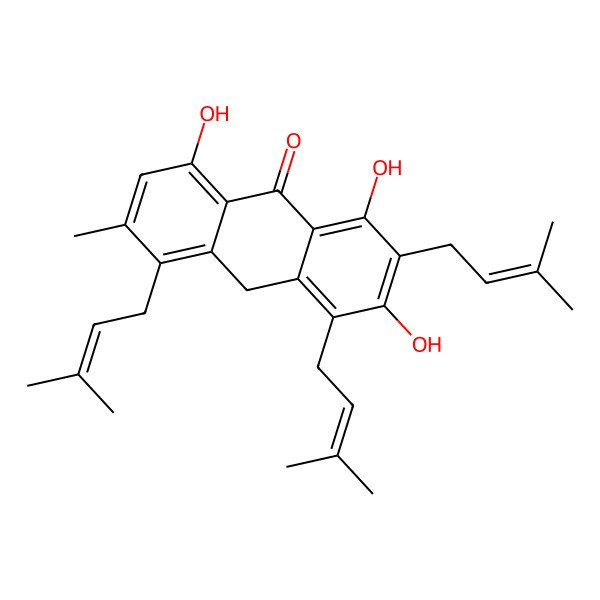 2D Structure of 1,3,8-trihydroxy-6-methyl-2,4,5-tris(3-methylbut-2-enyl)-10H-anthracen-9-one