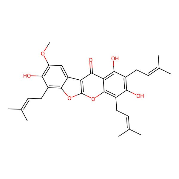 2D Structure of 1,3,8-Trihydroxy-9-methoxy-2,4,7-tris(3-methylbut-2-enyl)-[1]benzofuro[2,3-b]chromen-11-one