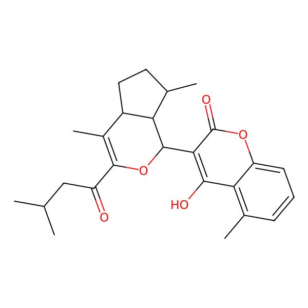 2D Structure of 3-[(1S,4aS,7S,7aR)-4,7-dimethyl-3-(3-methylbutanoyl)-1,4a,5,6,7,7a-hexahydrocyclopenta[c]pyran-1-yl]-4-hydroxy-5-methylchromen-2-one