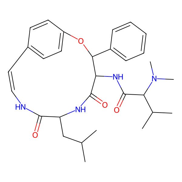 2D Structure of (2S)-2-(dimethylamino)-3-methyl-N-[(3S,4R,7R,10Z)-7-(2-methylpropyl)-5,8-dioxo-3-phenyl-2-oxa-6,9-diazabicyclo[10.2.2]hexadeca-1(14),10,12,15-tetraen-4-yl]butanamide