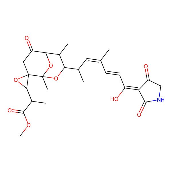2D Structure of methyl 2-[3-[(3E,5E)-7-(2,4-dioxopyrrolidin-3-ylidene)-7-hydroxy-4-methylhepta-3,5-dien-2-yl]-1,4-dimethyl-6-oxospiro[2,9-dioxabicyclo[3.3.1]nonane-8,3'-oxirane]-2'-yl]propanoate