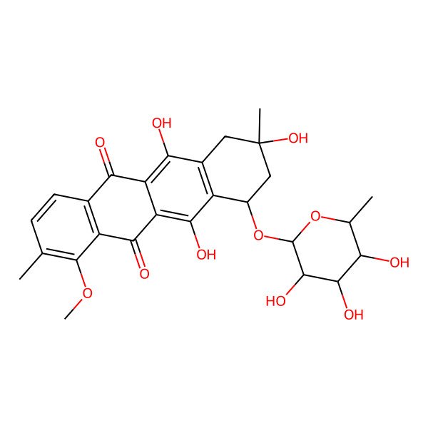 2D Structure of 6,9,11-trihydroxy-4-methoxy-3,9-dimethyl-7-(3,4,5-trihydroxy-6-methyloxan-2-yl)oxy-8,10-dihydro-7H-tetracene-5,12-dione