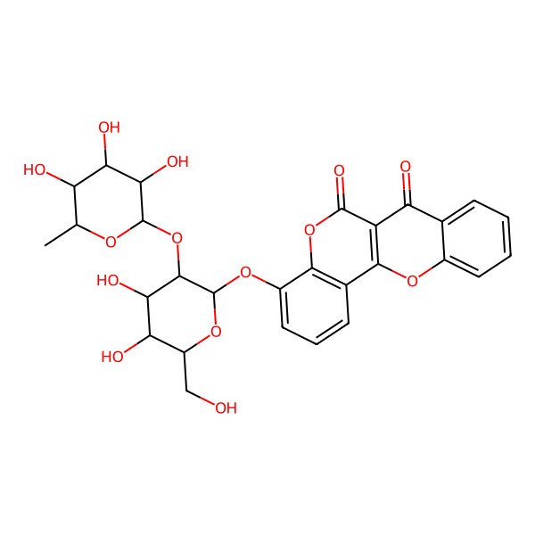 2D Structure of 4-[(2S,3R,4S,5S,6R)-4,5-dihydroxy-6-(hydroxymethyl)-3-[(2S,3R,4R,5R,6S)-3,4,5-trihydroxy-6-methyloxan-2-yl]oxyoxan-2-yl]oxychromeno[4,3-b]chromene-6,7-dione