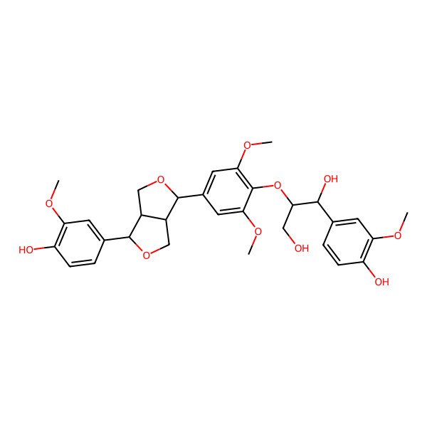 2D Structure of (1S,2R)-2-[4-[(3S,3aS,6R,6aS)-3-(4-hydroxy-3-methoxyphenyl)-1,3,3a,4,6,6a-hexahydrofuro[3,4-c]furan-6-yl]-2,6-dimethoxyphenoxy]-1-(4-hydroxy-3-methoxyphenyl)propane-1,3-diol