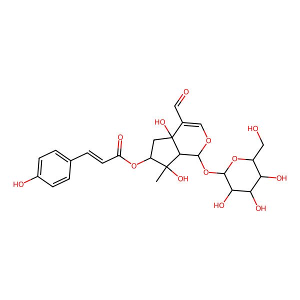 2D Structure of [(1S,4aR,6S,7R,7aS)-4-formyl-4a,7-dihydroxy-7-methyl-1-[(2S,3S,4R,5R,6S)-3,4,5-trihydroxy-6-(hydroxymethyl)oxan-2-yl]oxy-1,5,6,7a-tetrahydrocyclopenta[c]pyran-6-yl] (E)-3-(4-hydroxyphenyl)prop-2-enoate