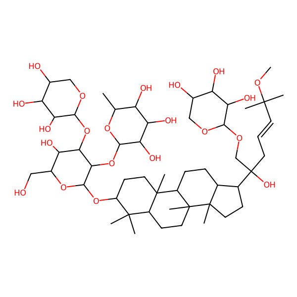 2D Structure of 2-[5-hydroxy-2-[[17-[2-hydroxy-6-methoxy-6-methyl-1-(3,4,5-trihydroxyoxan-2-yl)oxyhept-4-en-2-yl]-4,4,8,10,14-pentamethyl-2,3,5,6,7,9,11,12,13,15,16,17-dodecahydro-1H-cyclopenta[a]phenanthren-3-yl]oxy]-6-(hydroxymethyl)-4-(3,4,5-trihydroxyoxan-2-yl)oxyoxan-3-yl]oxy-6-methyloxane-3,4,5-triol