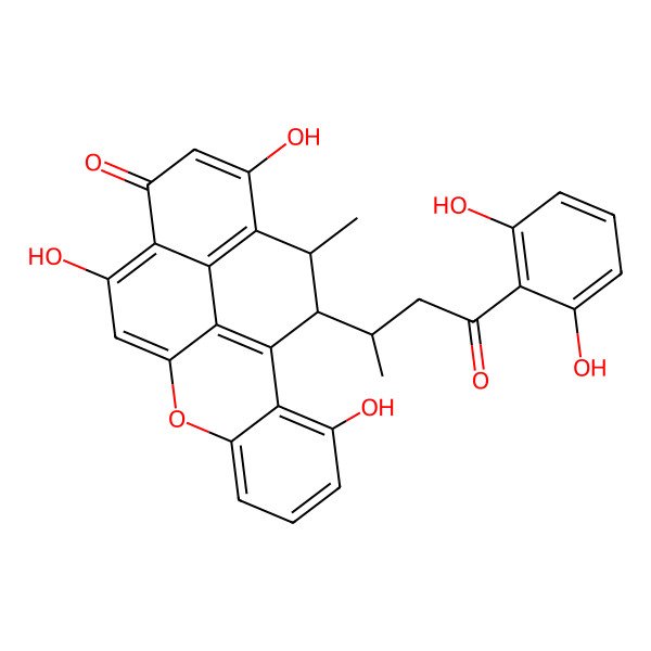 2D Structure of 18-[4-(2,6-Dihydroxyphenyl)-4-oxobutan-2-yl]-3,11,15-trihydroxy-17-methyl-8-oxapentacyclo[10.6.2.02,7.09,19.016,20]icosa-1(19),2,4,6,9,11,14,16(20)-octaen-13-one