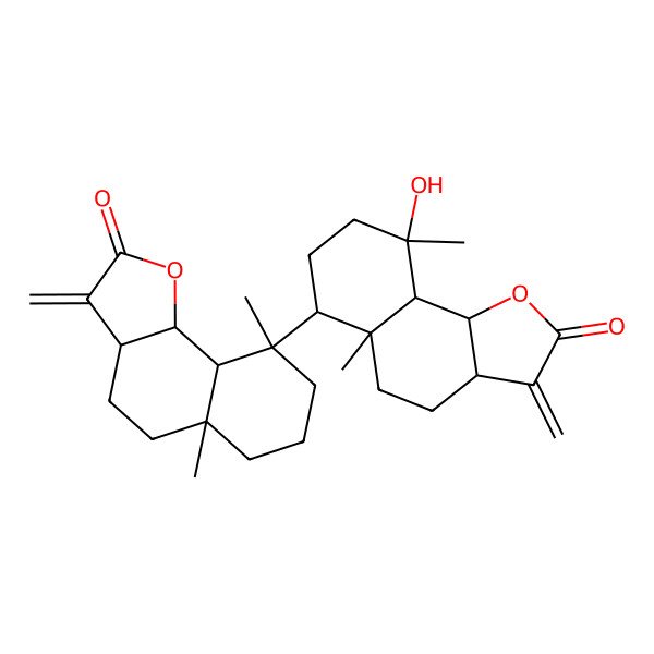 2D Structure of [6,9'-Binaphtho[1,2-b]furan]-2,2'(3H,3'H)-dione, eicosahydro-9-hydroxy-5a,5'a,9,9'-tetramethyl-3,3'-bis(methylene)-, (3aR,3'aR,5aS,5'aS,6S,9R,9'S,9aS,9'aR,9bS,9'bS)-