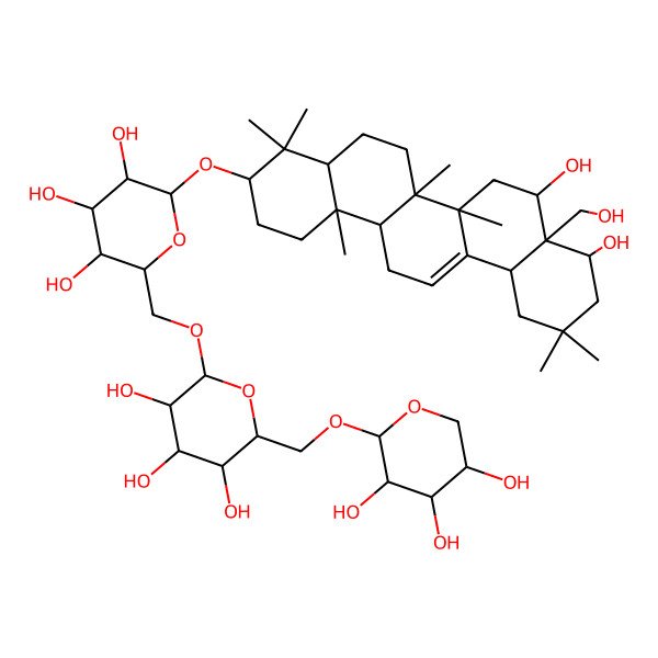 2D Structure of (2R,3R,4S,5S,6R)-2-[[(2R,3S,4S,5R,6R)-6-[[(3S,4aR,6aR,6bS,8S,8aS,9S,12aS,14aR,14bR)-8,9-dihydroxy-8a-(hydroxymethyl)-4,4,6a,6b,11,11,14b-heptamethyl-1,2,3,4a,5,6,7,8,9,10,12,12a,14,14a-tetradecahydropicen-3-yl]oxy]-3,4,5-trihydroxyoxan-2-yl]methoxy]-6-[[(2S,3R,4S,5R)-3,4,5-trihydroxyoxan-2-yl]oxymethyl]oxane-3,4,5-triol