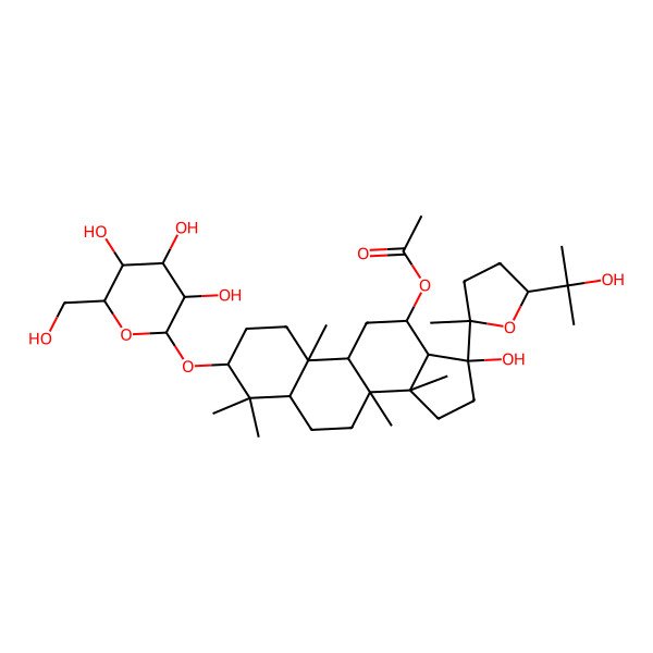 2D Structure of [(3R,5S,8R,9R,10R,12R,13R,14R,17R)-17-hydroxy-17-[(2S,5R)-5-(2-hydroxypropan-2-yl)-2-methyloxolan-2-yl]-4,4,8,10,14-pentamethyl-3-[(2R,3R,4S,5S,6R)-3,4,5-trihydroxy-6-(hydroxymethyl)oxan-2-yl]oxy-1,2,3,5,6,7,9,11,12,13,15,16-dodecahydrocyclopenta[a]phenanthren-12-yl] acetate