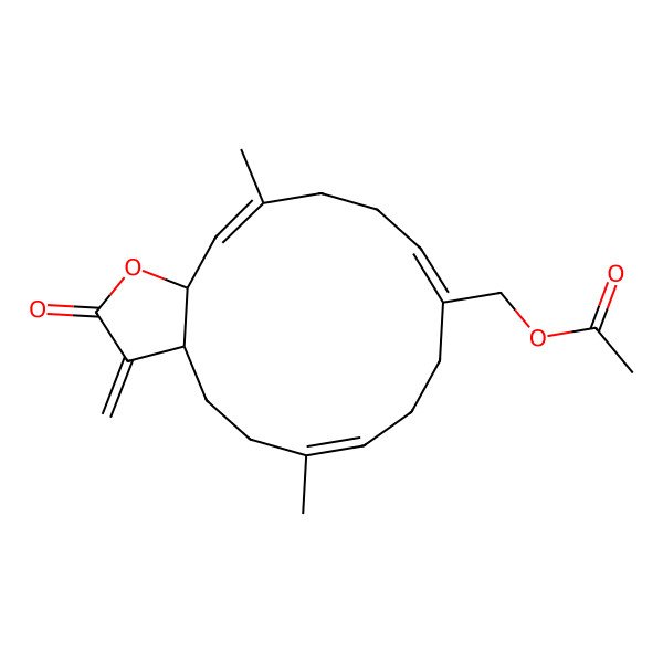 2D Structure of [(3aS,6E,10E,14E,15aR)-6,14-dimethyl-3-methylidene-2-oxo-3a,4,5,8,9,12,13,15a-octahydrocyclotetradeca[b]furan-10-yl]methyl acetate