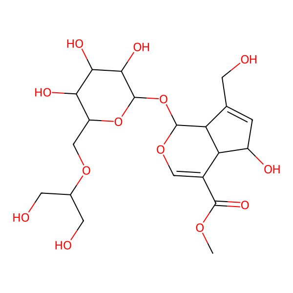 2D Structure of Cyclopenta[c]pyran-4-carboxylic acid, 1,4a,5,7a-tetrahydro-5-hydroxy-1-[[6-O-[2-hydroxy-1-(hydroxymethyl)ethyl]-beta-D-glucopyranosyl]oxy]-7-(hydroxymethyl)-, methyl ester, (1S,4aS,5R,7aS)-