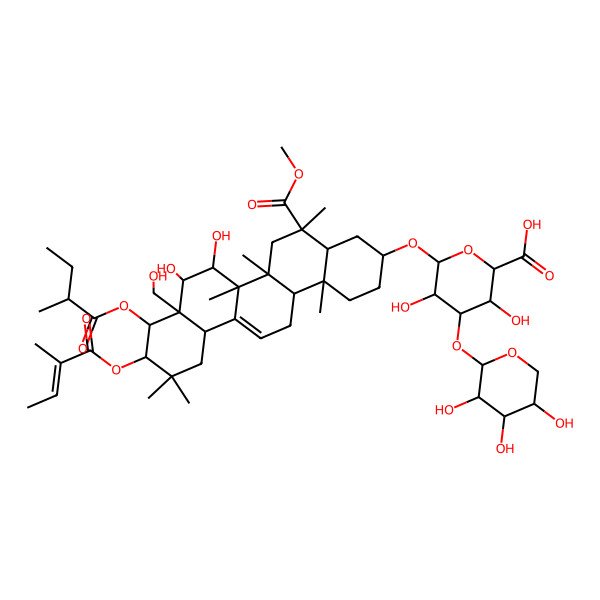 2D Structure of 6-[[7,8-Dihydroxy-8a-(hydroxymethyl)-5-methoxycarbonyl-5,6a,6b,11,11,14b-hexamethyl-9-(2-methylbutanoyloxy)-10-(2-methylbut-2-enoyloxy)-1,2,3,4,4a,6,7,8,9,10,12,12a,14,14a-tetradecahydropicen-3-yl]oxy]-3,5-dihydroxy-4-(3,4,5-trihydroxyoxan-2-yl)oxyoxane-2-carboxylic acid