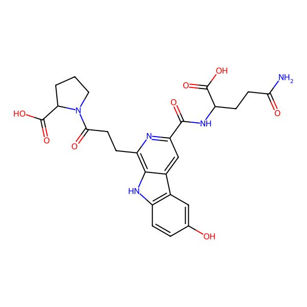 2D Structure of 1-[3-[3-[(4-amino-1-carboxy-4-oxobutyl)carbamoyl]-6-hydroxy-9H-pyrido[3,4-b]indol-1-yl]propanoyl]pyrrolidine-2-carboxylic acid