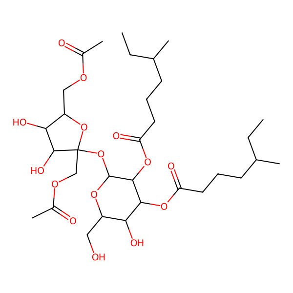 2D Structure of [2-[2,5-Bis(acetyloxymethyl)-3,4-dihydroxyoxolan-2-yl]oxy-5-hydroxy-6-(hydroxymethyl)-3-(5-methylheptanoyloxy)oxan-4-yl] 5-methylheptanoate