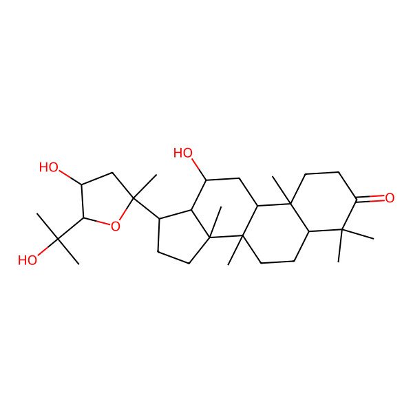 2D Structure of (5R,8R,9R,10R,12R,13R,14R,17S)-12-hydroxy-17-[(2S,4S,5S)-4-hydroxy-5-(2-hydroxypropan-2-yl)-2-methyloxolan-2-yl]-4,4,8,10,14-pentamethyl-1,2,5,6,7,9,11,12,13,15,16,17-dodecahydrocyclopenta[a]phenanthren-3-one