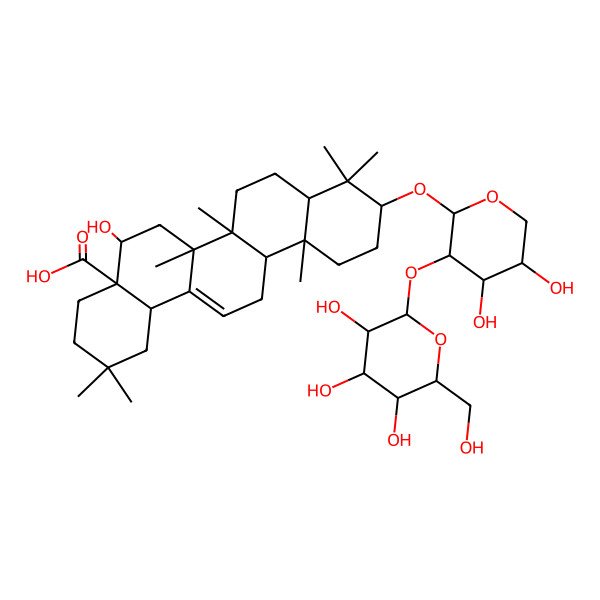 2D Structure of (4aR,5R,6aR,6aS,6bR,8aR,10S,12aR,14bS)-10-[(2S,3R,4S,5S)-4,5-dihydroxy-3-[(2S,3R,4S,5S,6R)-3,4,5-trihydroxy-6-(hydroxymethyl)oxan-2-yl]oxyoxan-2-yl]oxy-5-hydroxy-2,2,6a,6b,9,9,12a-heptamethyl-1,3,4,5,6,6a,7,8,8a,10,11,12,13,14b-tetradecahydropicene-4a-carboxylic acid