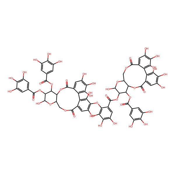 2D Structure of [(10R,11S,12R,13R,15R)-3,4,5,13,21,22,23-heptahydroxy-8,18-dioxo-11-(3,4,5-trihydroxybenzoyl)oxy-9,14,17-trioxatetracyclo[17.4.0.02,7.010,15]tricosa-1(23),2,4,6,19,21-hexaen-12-yl] 2-[[(10R,11S,12R,13R,15R)-3,4,5,13,21,23-hexahydroxy-8,18-dioxo-11,12-bis[(3,4,5-trihydroxybenzoyl)oxy]-9,14,17-trioxatetracyclo[17.4.0.02,7.010,15]tricosa-1(23),2,4,6,19,21-hexaen-22-yl]oxy]-3,4,5-trihydroxybenzoate