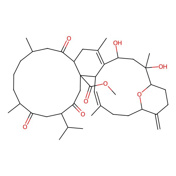 2D Structure of Methyl 2,4-dihydroxy-2,6,11,15,24-pentamethyl-28-methylidene-9,16,19-trioxo-18-propan-2-yl-31-oxatetracyclo[25.3.1.05,22.08,21]hentriaconta-5,23-diene-21-carboxylate