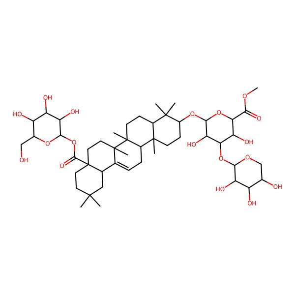 2D Structure of beta-D-Glucopyranosiduronic acid, (3beta)-28-(beta-D-glucopyranosyloxy)-28-oxoolean-12-en-3-yl 3-O-alpha-L-arabinopyranosyl-, methyl ester 2D Structure of beta-D-Glucopyranosiduronic acid, (3beta)-28-(beta-D-glucopyranosyloxy)-28-oxoolean-12-en-3-yl 3-O-alpha-L-arabinopyranosyl-, methyl ester
