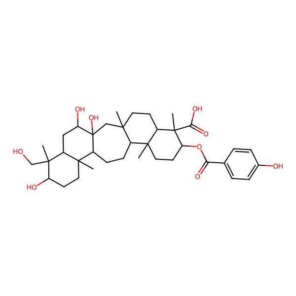 2D Structure of 1,19,23-Trihydroxy-8-(4-hydroxybenzoyl)oxy-20-(hydroxymethyl)-3,7,11,16,20-pentamethylpentacyclo[13.8.0.03,12.06,11.016,21]tricosane-7-carboxylic acid