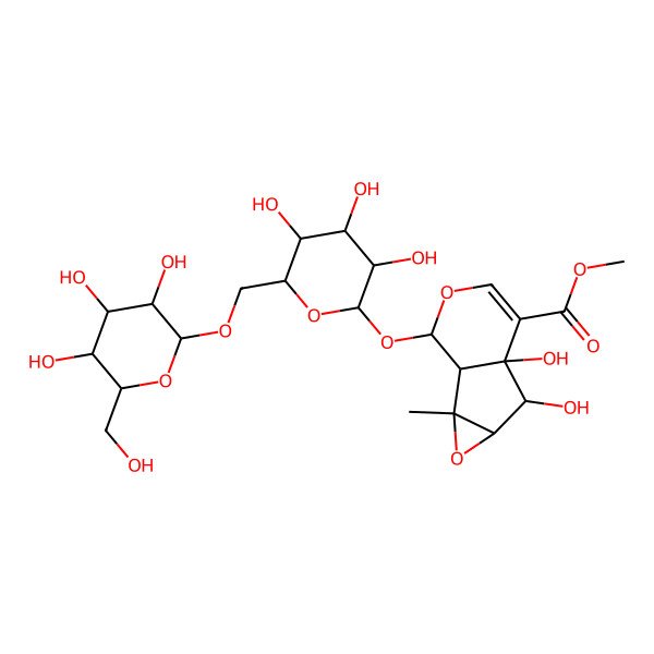2D Structure of methyl (1S,2R,4S,5R,6R,10S)-5,6-dihydroxy-2-methyl-10-[(2S,3R,4S,5S,6R)-3,4,5-trihydroxy-6-[[(2S,3R,4S,5R,6R)-3,4,5-trihydroxy-6-(hydroxymethyl)oxan-2-yl]oxymethyl]oxan-2-yl]oxy-3,9-dioxatricyclo[4.4.0.02,4]dec-7-ene-7-carboxylate