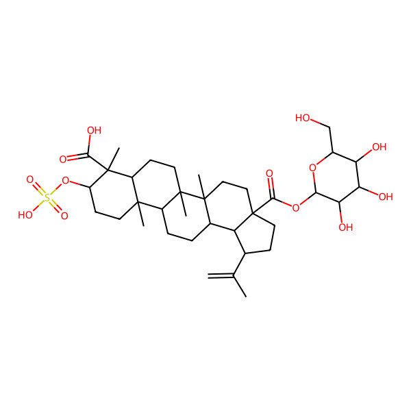 2D Structure of 5a,5b,8,11a-Tetramethyl-1-prop-1-en-2-yl-9-sulfooxy-3a-[3,4,5-trihydroxy-6-(hydroxymethyl)oxan-2-yl]oxycarbonyl-1,2,3,4,5,6,7,7a,9,10,11,11b,12,13,13a,13b-hexadecahydrocyclopenta[a]chrysene-8-carboxylic acid