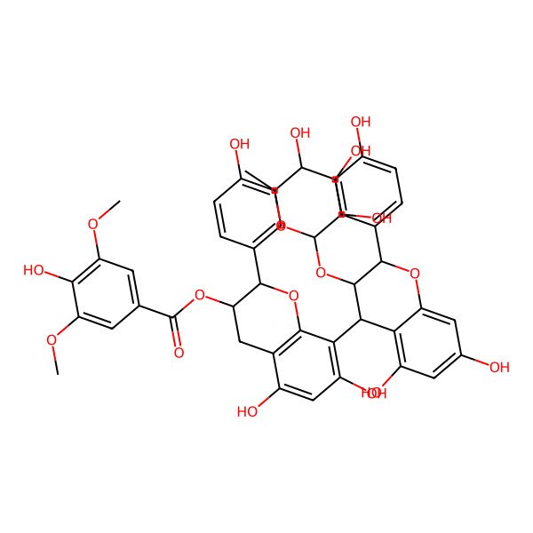2D Structure of [(2R,3R)-8-[(2R,3S,4S)-5,7-dihydroxy-2-(4-hydroxyphenyl)-3-[(2S,3R,4R,5R,6S)-3,4,5-trihydroxy-6-methyloxan-2-yl]oxy-3,4-dihydro-2H-chromen-4-yl]-5,7-dihydroxy-2-(4-hydroxyphenyl)-3,4-dihydro-2H-chromen-3-yl] 4-hydroxy-3,5-dimethoxybenzoate