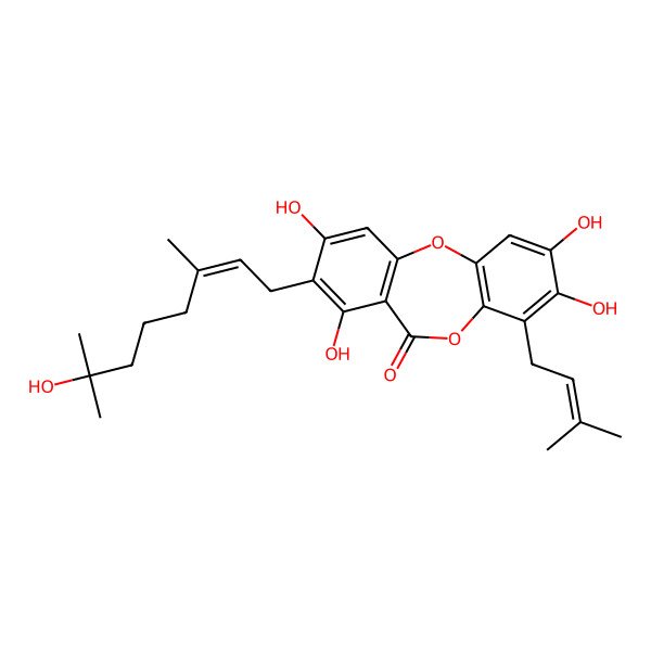 2D Structure of 2,3,7,9-tetrahydroxy-8-[(E)-7-hydroxy-3,7-dimethyloct-2-enyl]-4-(3-methylbut-2-enyl)benzo[b][1,4]benzodioxepin-6-one