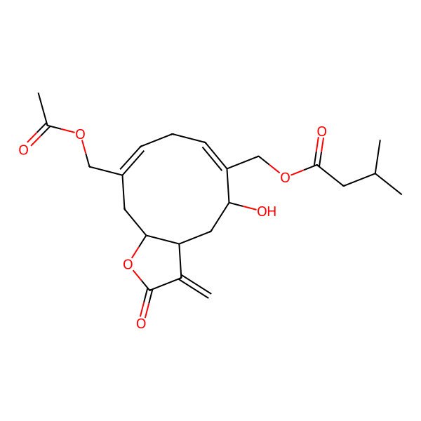 2D Structure of [(3aR,5R,6Z,9E,11aS)-10-(acetyloxymethyl)-5-hydroxy-3-methylidene-2-oxo-3a,4,5,8,11,11a-hexahydrocyclodeca[b]furan-6-yl]methyl 3-methylbutanoate