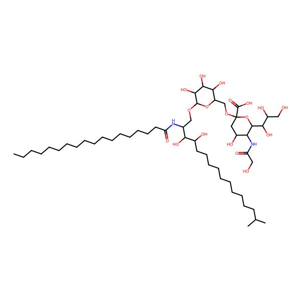 2D Structure of 2-[[6-[3,4-Dihydroxy-15-methyl-2-(octadecanoylamino)hexadecoxy]-3,4,5-trihydroxyoxan-2-yl]methoxy]-4-hydroxy-5-[(2-hydroxyacetyl)amino]-6-(1,2,3-trihydroxypropyl)oxane-2-carboxylic acid