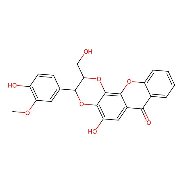 2D Structure of 5-Hydroxy-3-(4-hydroxy-3-methoxyphenyl)-2-(hydroxymethyl)-2,3-dihydro-[1,4]dioxino[2,3-c]xanthen-7-one