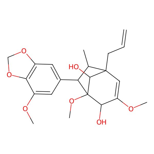 2D Structure of 1,3-Dimethoxy-7-(7-methoxy-1,3-benzodioxol-5-yl)-6-methyl-5-prop-2-enylbicyclo[3.2.1]oct-3-ene-2,8-diol