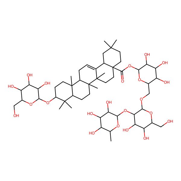 2D Structure of [(2S,3R,4S,5R,6R)-6-[[(2R,3R,4S,5S,6R)-4,5-dihydroxy-6-(hydroxymethyl)-3-[(2S,3R,4R,5R,6S)-3,4,5-trihydroxy-6-methyloxan-2-yl]oxyoxan-2-yl]oxymethyl]-3,4,5-trihydroxyoxan-2-yl] (4aS,6aR,6aS,6bR,8aR,10S,12aR,14bS)-2,2,6a,6b,9,9,12a-heptamethyl-10-[(2R,3R,4S,5S,6R)-3,4,5-trihydroxy-6-(hydroxymethyl)oxan-2-yl]oxy-1,3,4,5,6,6a,7,8,8a,10,11,12,13,14b-tetradecahydropicene-4a-carboxylate