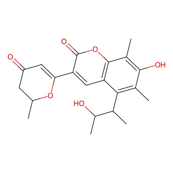 2D Structure of 7-hydroxy-5-[(2S,3S)-3-hydroxybutan-2-yl]-6,8-dimethyl-3-(2-methyl-4-oxo-2,3-dihydropyran-6-yl)chromen-2-one