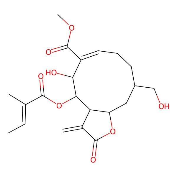 2D Structure of methyl (3aS,4S,5S,6E,10S,11aR)-5-hydroxy-10-(hydroxymethyl)-4-[(Z)-2-methylbut-2-enoyl]oxy-3-methylidene-2-oxo-3a,4,5,8,9,10,11,11a-octahydrocyclodeca[b]furan-6-carboxylate