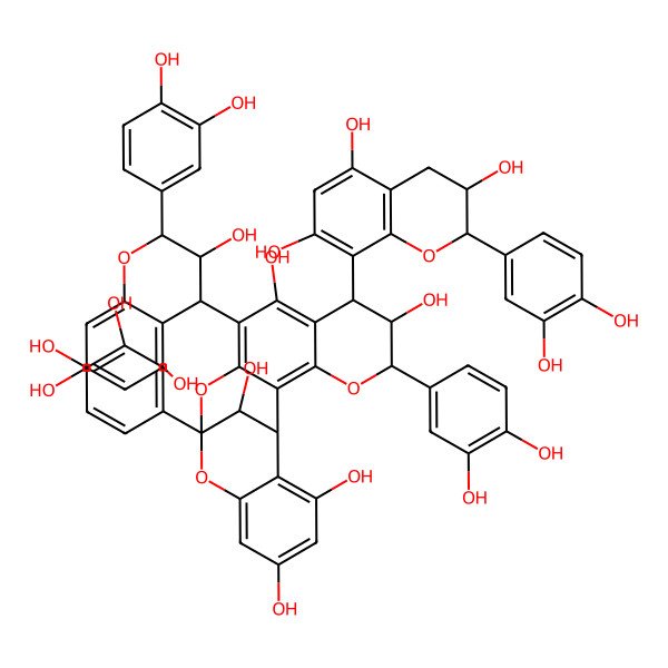 2D Structure of (1R,5R,6R,7R,13S,21R)-5,13-bis(3,4-dihydroxyphenyl)-7-[(2R,3R)-2-(3,4-dihydroxyphenyl)-3,5,7-trihydroxy-3,4-dihydro-2H-chromen-8-yl]-10-[(2R,3R,4R)-2-(3,4-dihydroxyphenyl)-3,5,7-trihydroxy-3,4-dihydro-2H-chromen-4-yl]-4,12,14-trioxapentacyclo[11.7.1.02,11.03,8.015,20]henicosa-2,8,10,15,17,19-hexaene-6,9,17,19,21-pentol