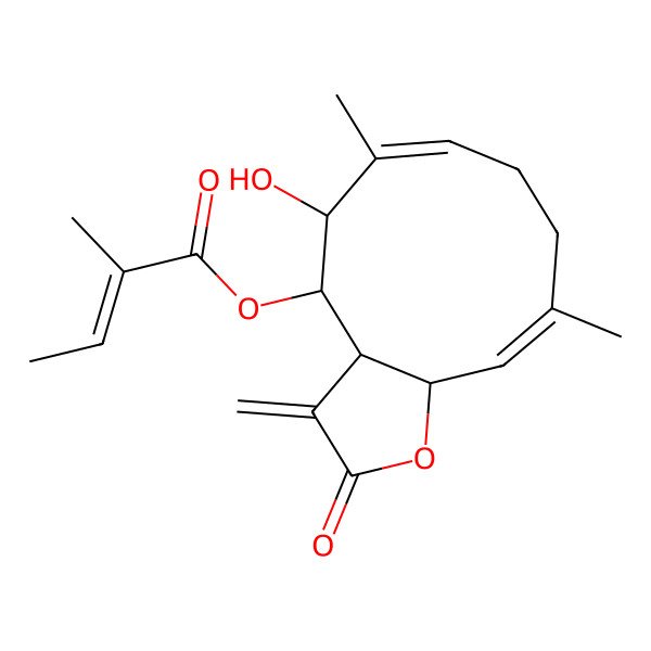 2D Structure of (5-Hydroxy-6,10-dimethyl-3-methylidene-2-oxo-3a,4,5,8,9,11a-hexahydrocyclodeca[b]furan-4-yl) 2-methylbut-2-enoate