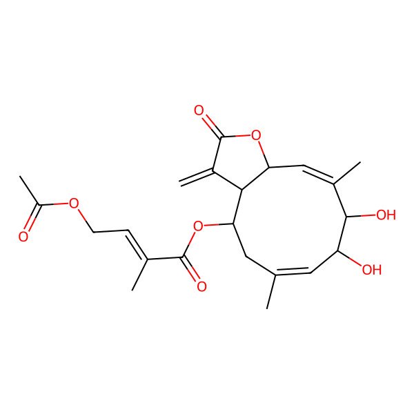 2D Structure of (8,9-Dihydroxy-6,10-dimethyl-3-methylidene-2-oxo-3a,4,5,8,9,11a-hexahydrocyclodeca[b]furan-4-yl) 4-acetyloxy-2-methylbut-2-enoate