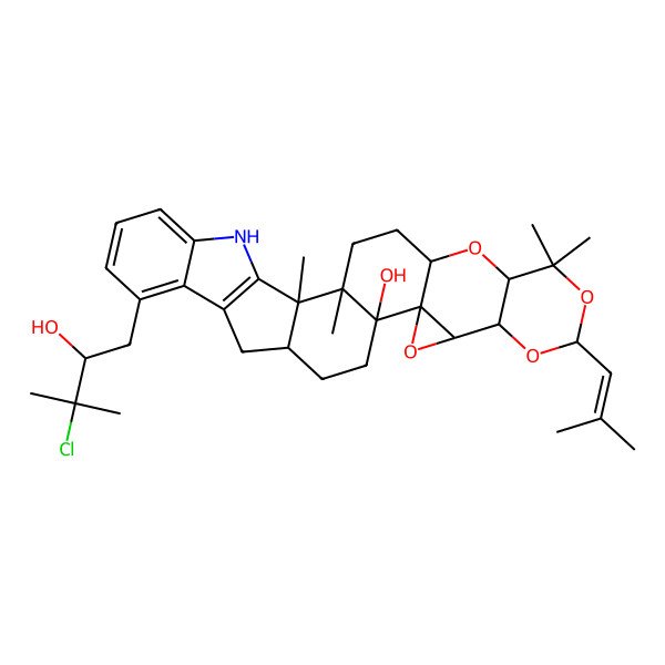 2D Structure of 9-(3-Chloro-2-hydroxy-3-methylbutyl)-1,2,24,24-tetramethyl-22-(2-methylprop-1-enyl)-18,21,23,26-tetraoxa-4-azaoctacyclo[14.13.0.02,13.03,11.05,10.017,19.017,27.020,25]nonacosa-3(11),5,7,9-tetraen-16-ol