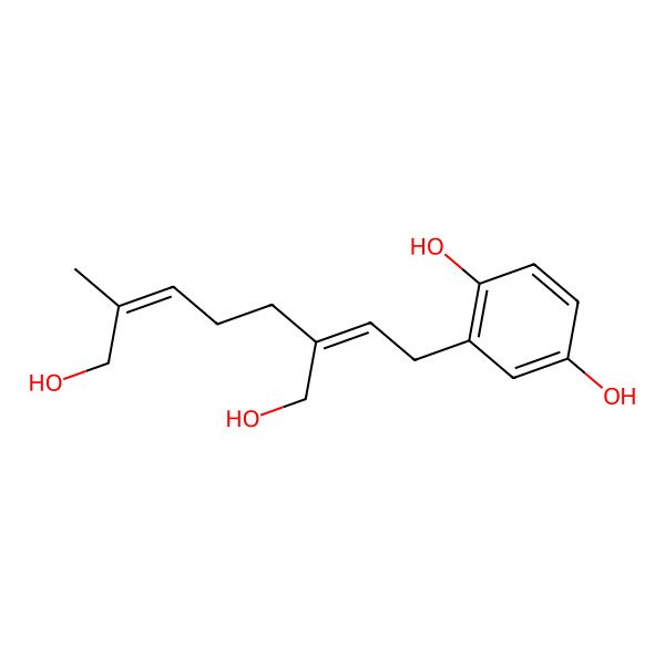 2D Structure of 1,4-Benzenediol, 2-[8-hydroxy-3-(hydroxymethyl)-7-methyl-2,6-octadienyl]-