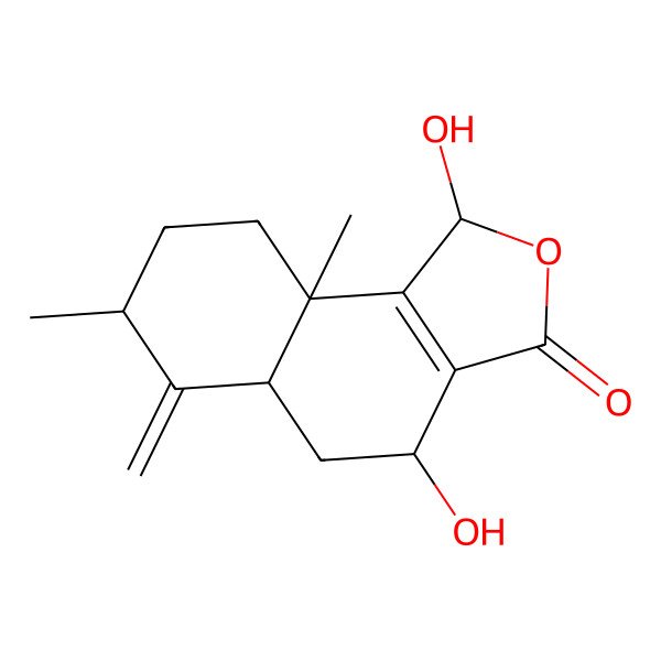 2D Structure of 1,4-dihydroxy-7,9a-dimethyl-6-methylidene-4,5,5a,7,8,9-hexahydro-1H-benzo[e][2]benzofuran-3-one